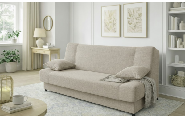 Wersalka Jaś jasny beż melanż na sprężynach z funkcją spania i pojemnikiem